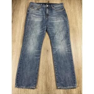 Lucky Brand 121 Slim Straight Blue Jeans Men's 33 x 30 Medium Wash Whiskering